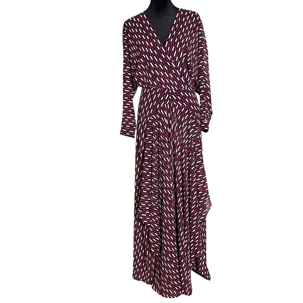 Maje Blue White Red Print Sheer Faux Wrap Raglan Sleeve Dress — 2 (Medium)